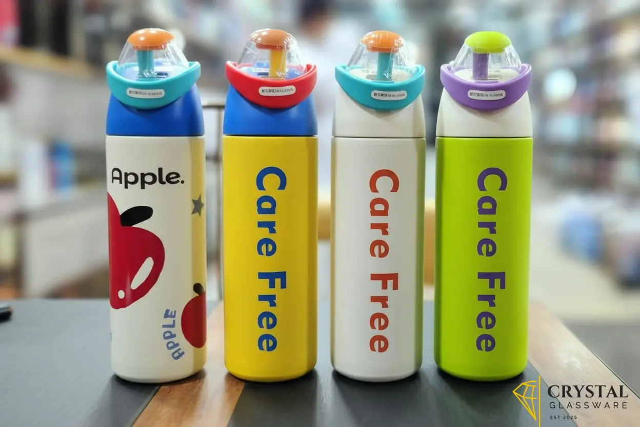 Colorful "Care Free" stainless steel vacuum-insulated water bottles featuring dual-drinking straw lids and playful designs